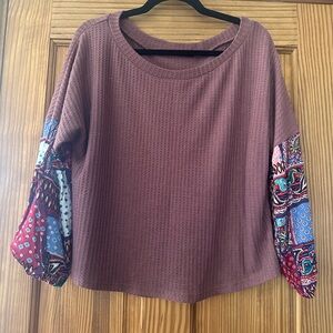 SHEIN Brown Top with Multicolor Patchwork Sleeves